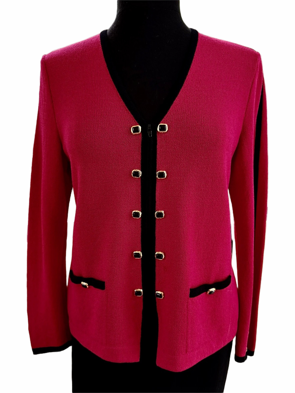 St. John Collection Santana Knit Zip Blazer Jacket Pants Size 4 Magenta Black